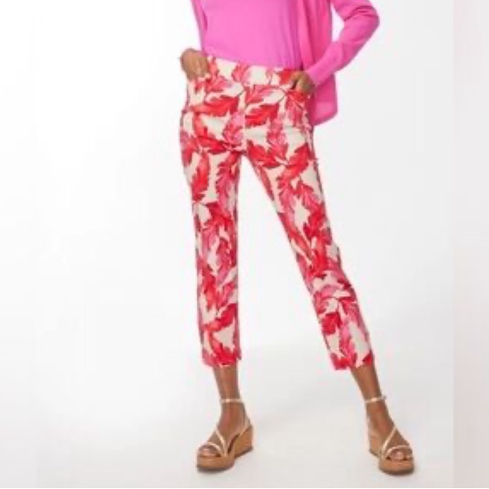 Chico’s Pink Red Floral Crop Ankle Pants Pull On Stretch Resort Size 1